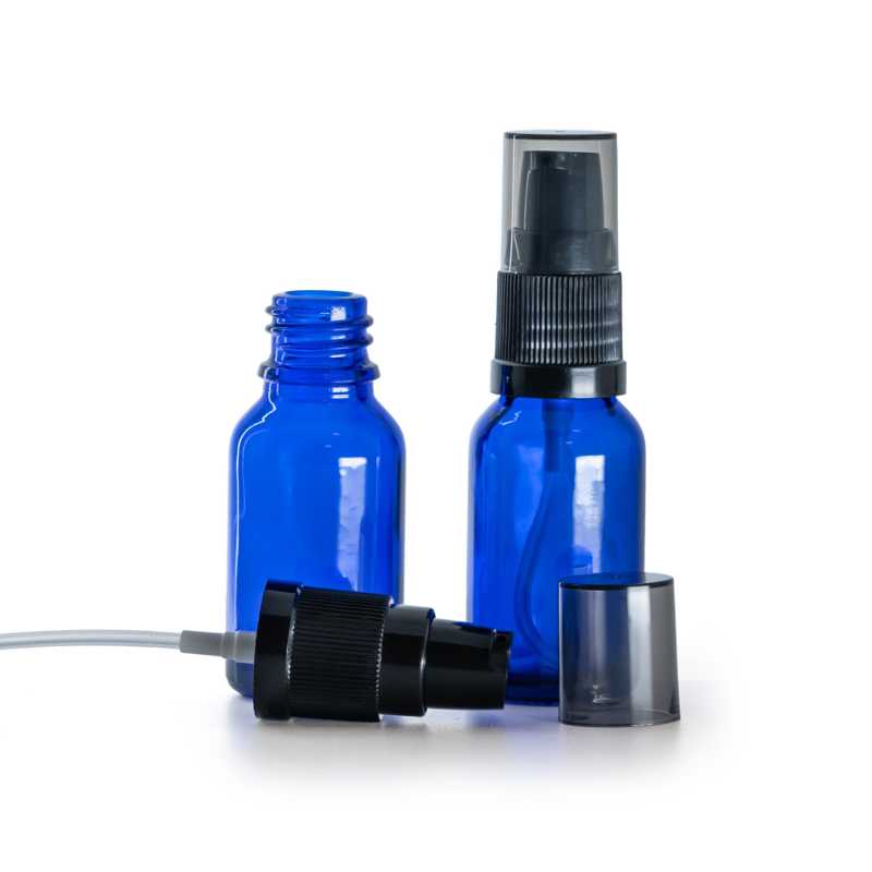 Frasco de vidrio azul, bomba para loción con sobretapa ahumada, 15 ml