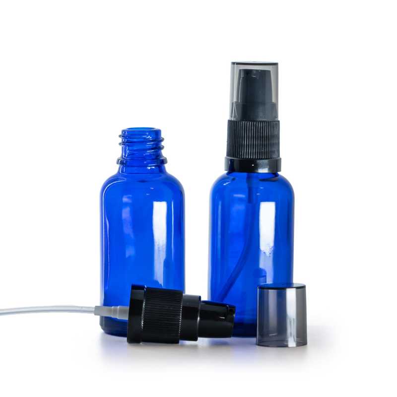 Frasco de vidrio azul, bomba loción con sobretapa ahumada, 30 ml
