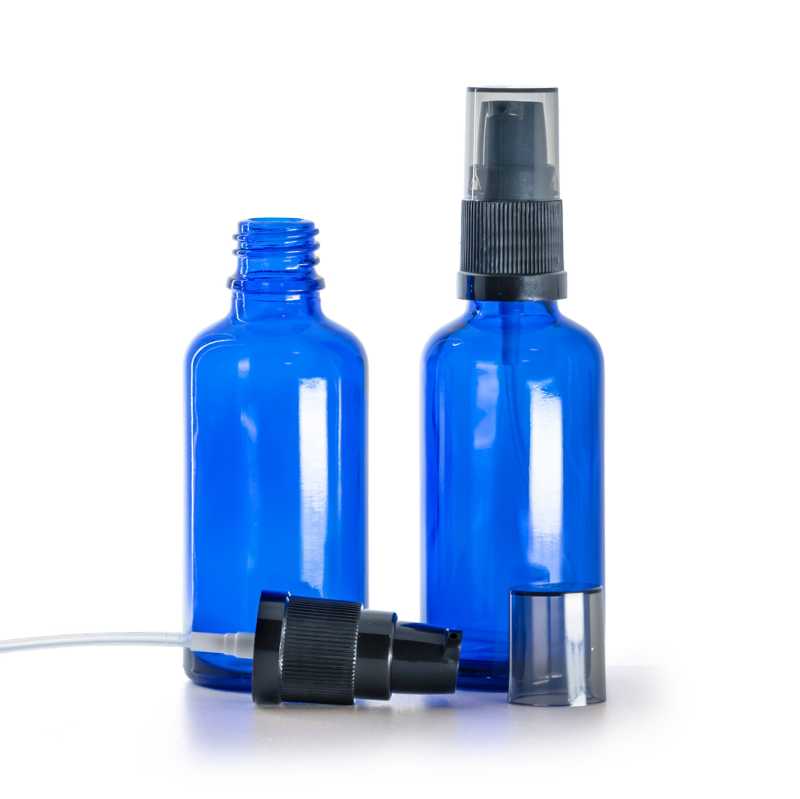 Frasco de vidrio azul, dispensador de crema con sobretapa ahumada, 50 ml