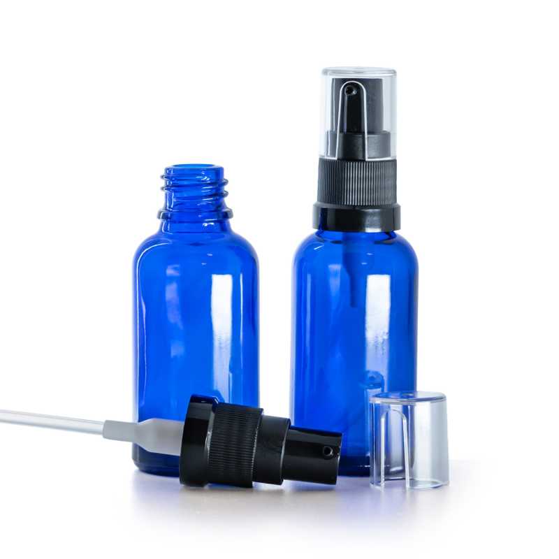 Botella de vidrio, azul, bomba para aceite, 30 ml