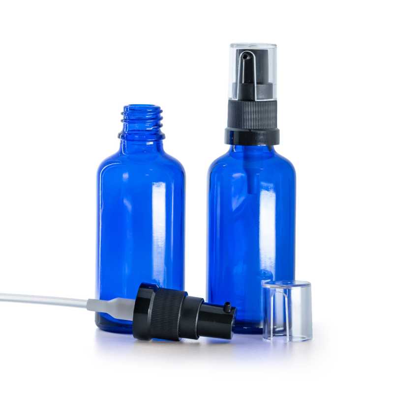 Botella de vidrio, bomba para aceite, azul, 50 ml