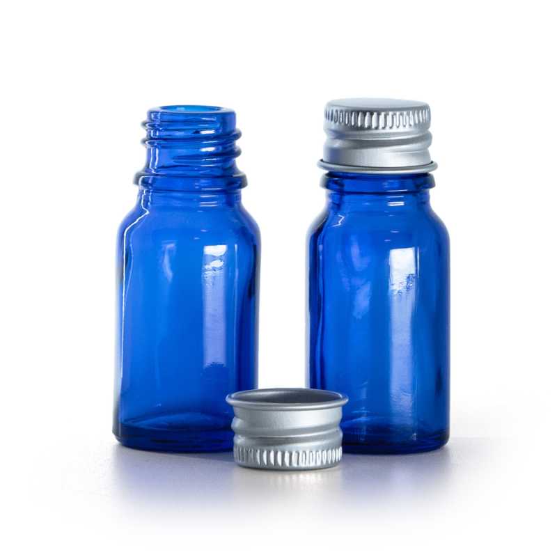 Frasco de vidrio azul, tapón de aluminio, 10 ml