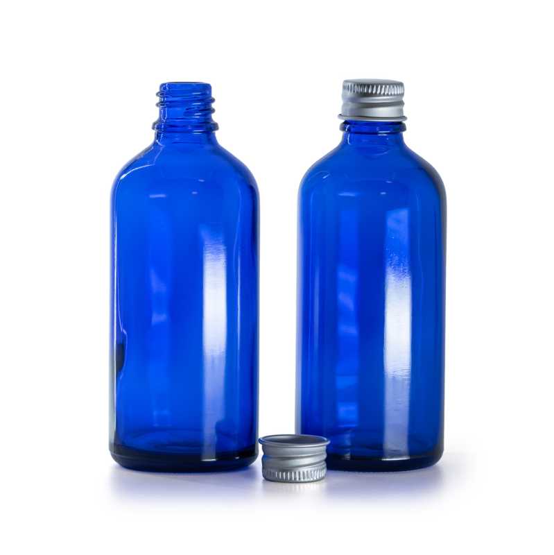 Frasco de vidrio azul, tapón de aluminio, 100 ml