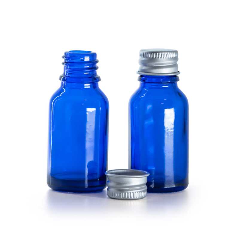 Frasco de vidrio azul, tapón de aluminio, 15 ml