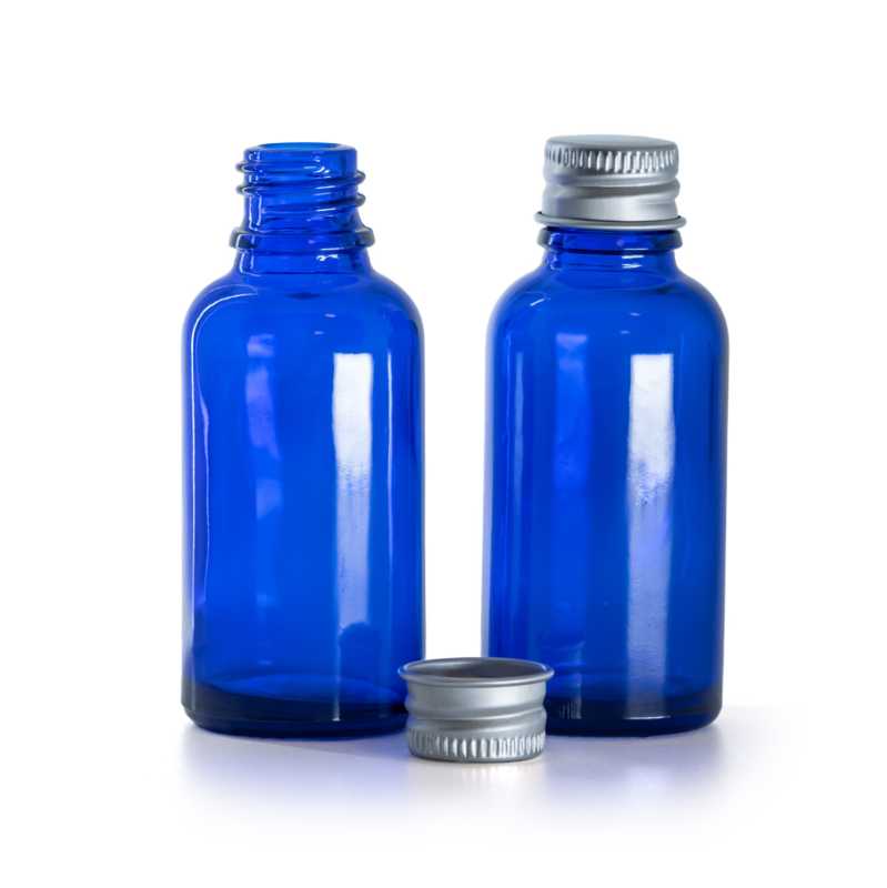 Frasco de vidrio azul, tapón de aluminio, 30 ml