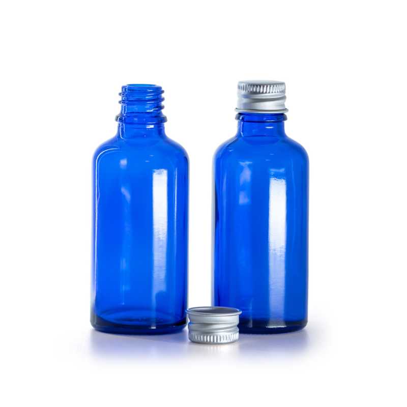 Frasco de vidrio azul, tapón de aluminio, 50 ml