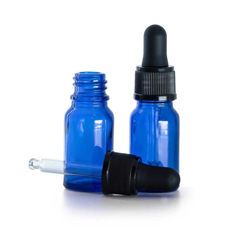 Botella de vidrio, azul, cuentagotas negro mate, 10 ml