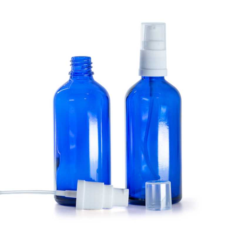Botella de vidrio, tipo farmacéutico, azul, dispensador loción blanco, 100 ml