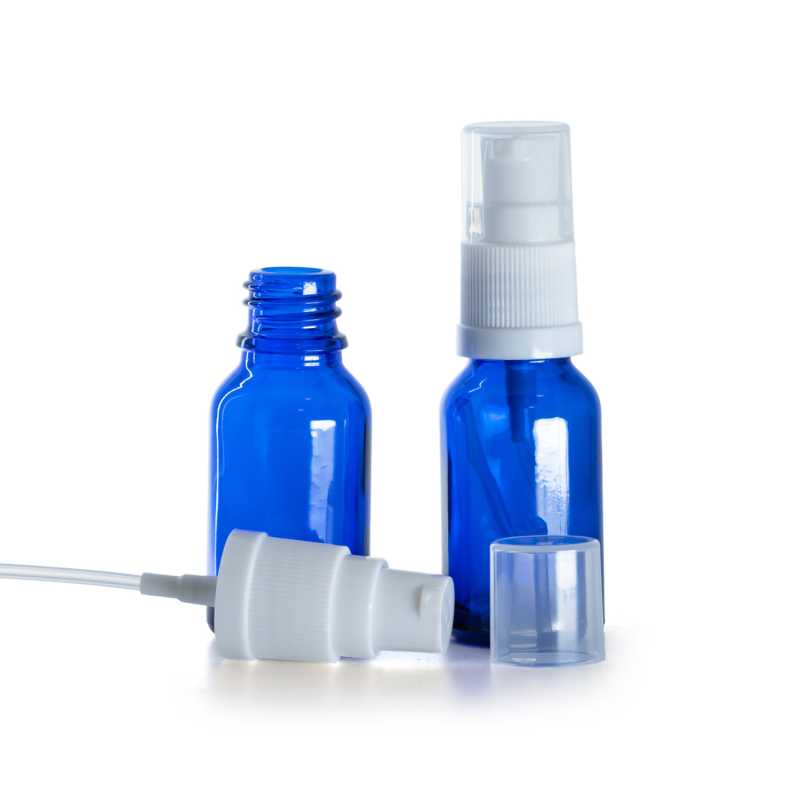 Frasco de vidrio, farmacéutico, azul, dispensador blanco, 15 ml