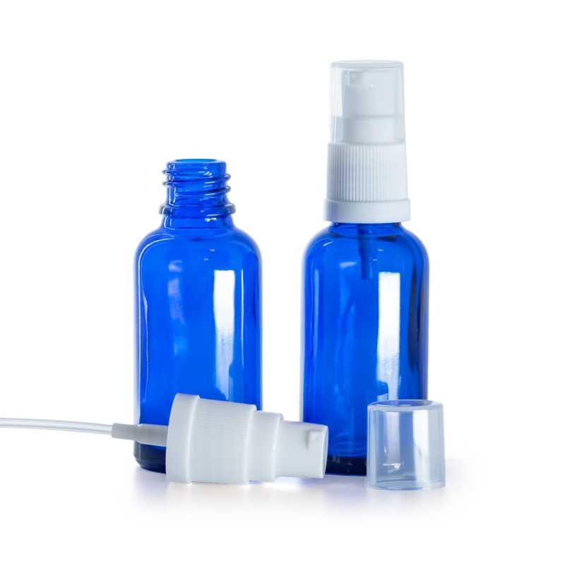 Botella de vidrio, tipo farmacia, azul, dosificador blanco, 30 ml