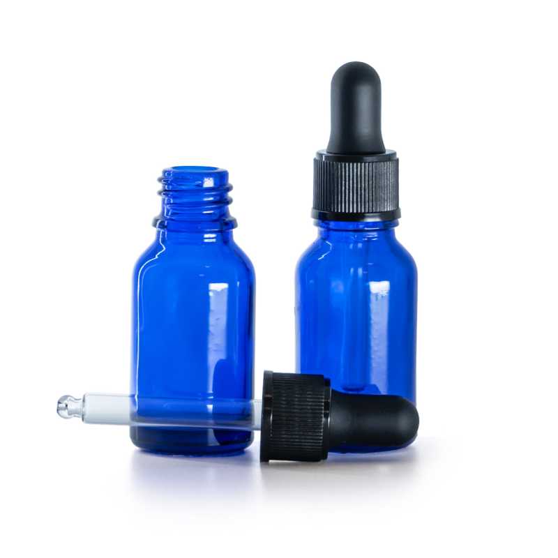 Botella de vidrio, azul, cuentagotas negro mate, 15 ml