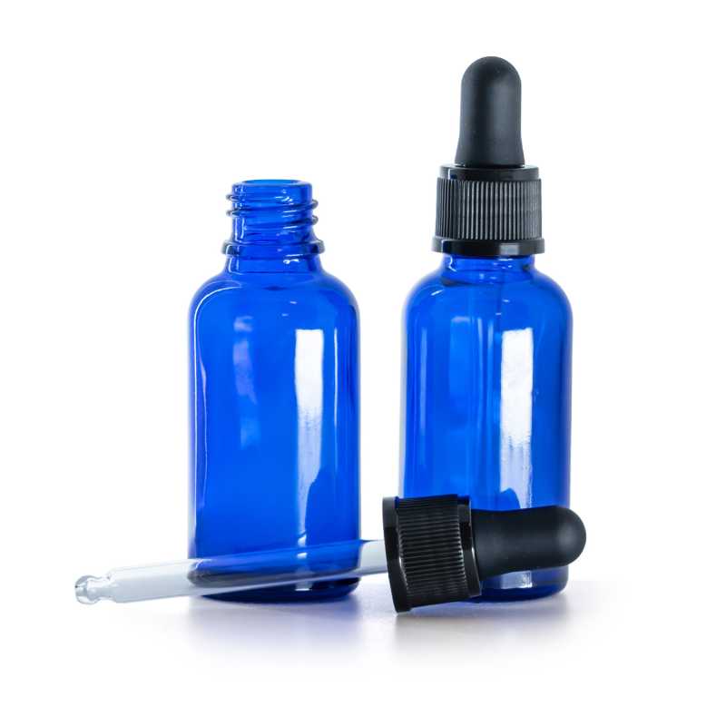 Botella de vidrio, azul, cuentagotas negro mate, 30 ml