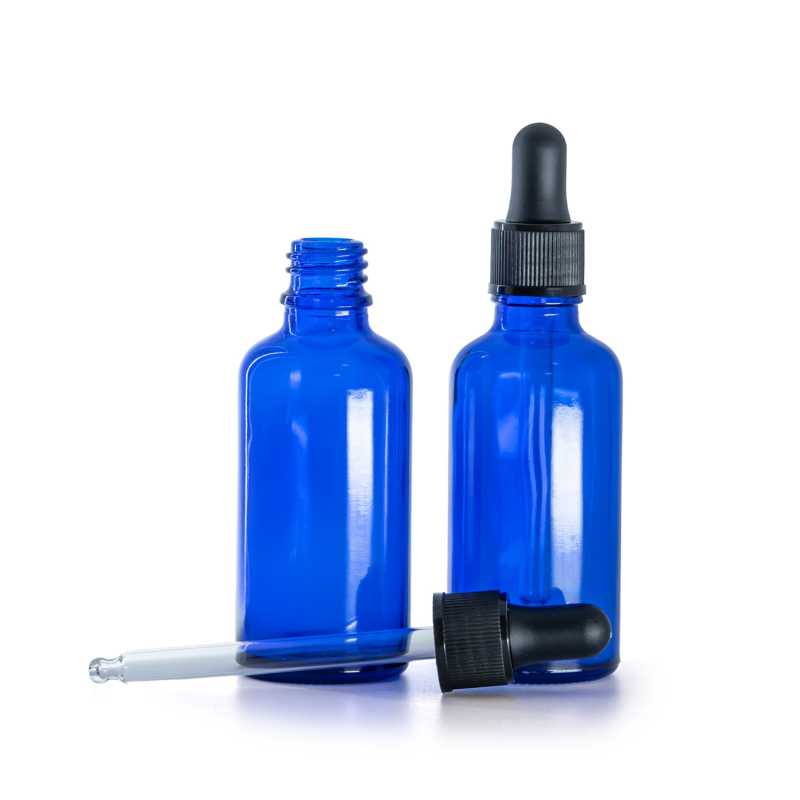 Botella de vidrio, azul, cuentagotas negro mate, 50 ml
