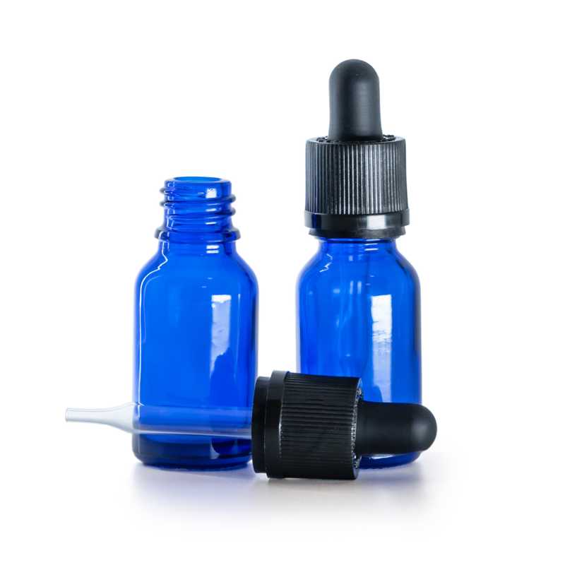 Botella de vidrio, azul, cuentagotas de seguridad inviolable, 15 ml