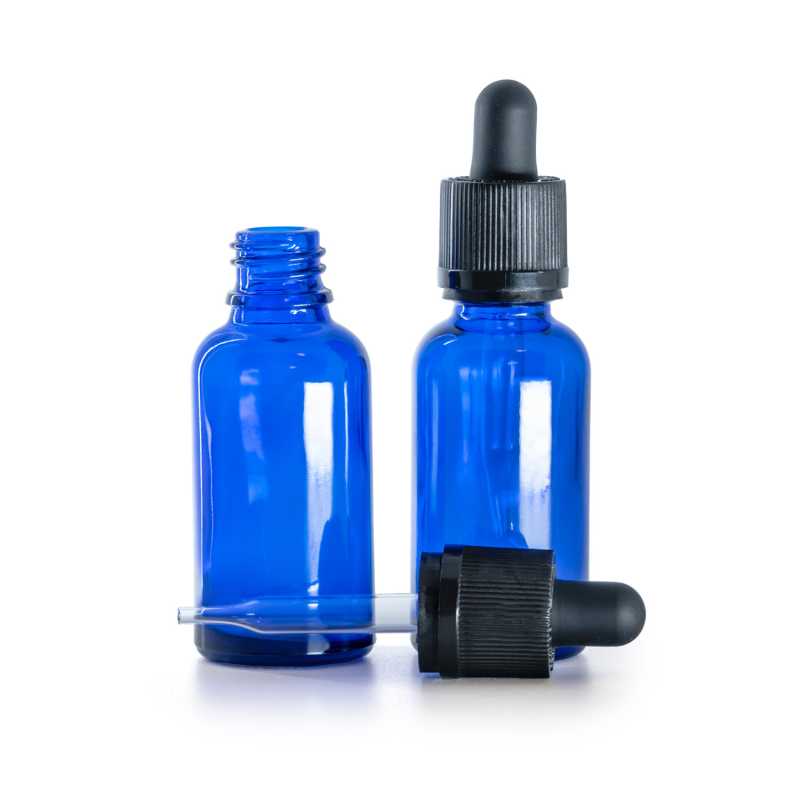 Botella de vidrio, azul, cuentagotas de seguridad inviolable, 30 ml