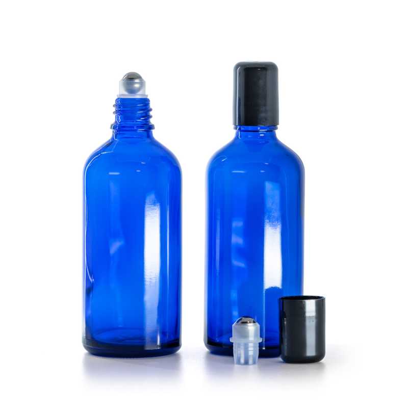Botella de vidrio, azul, roll-on, 100 ml