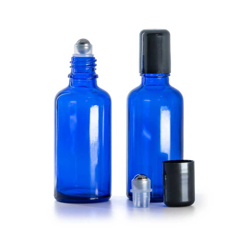 Frasco de vidrio azul con roll-on, 50 ml