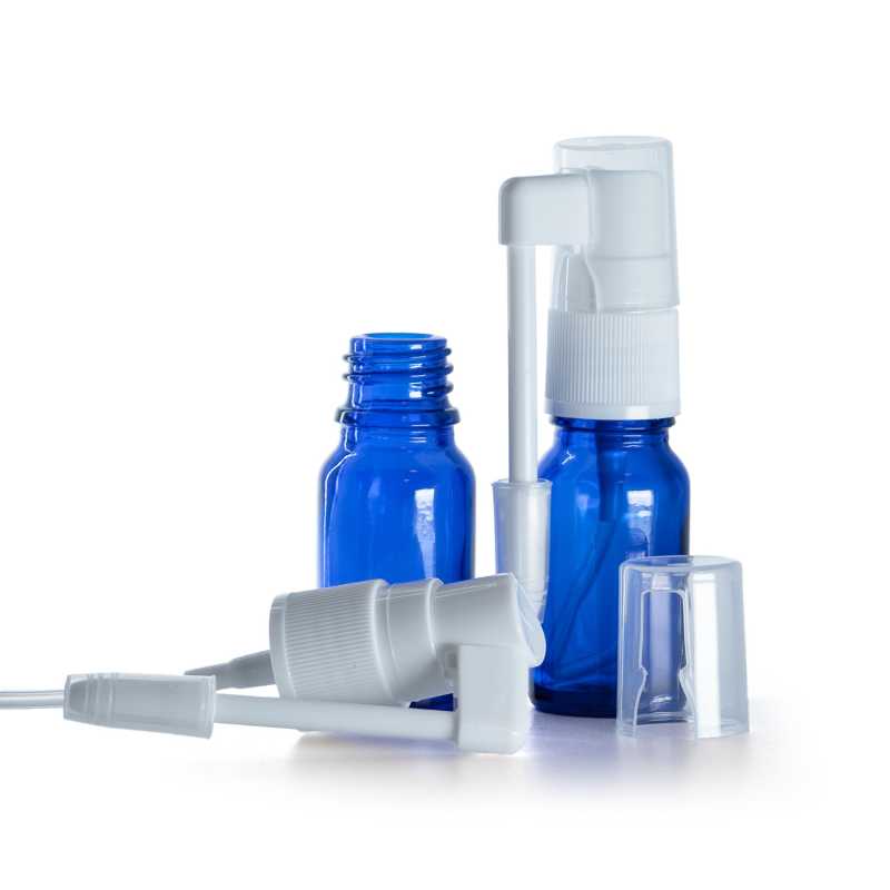 Botella de vidrio, spray oral, azul, 10 ml