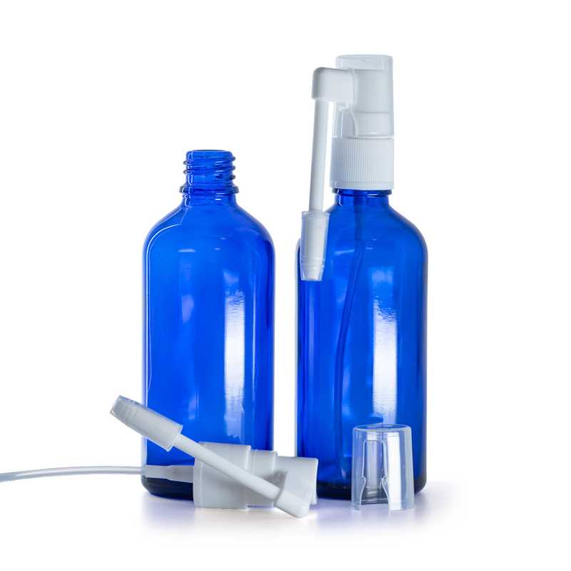Botella de vidrio, pulverizador bucal, azul, 100 ml