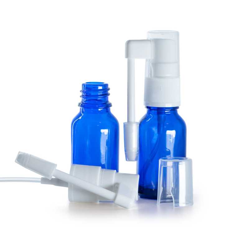 Botella de vidrio, pulverizador bucal, azul, 15 ml