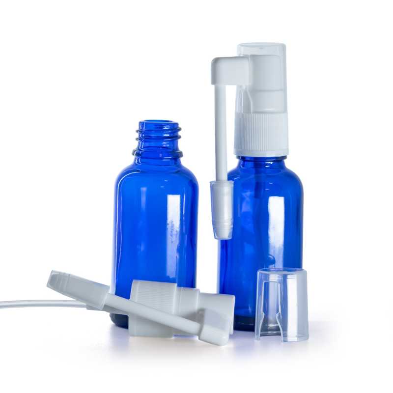 Botella de vidrio, azul, pulverizador bucal, 30 ml