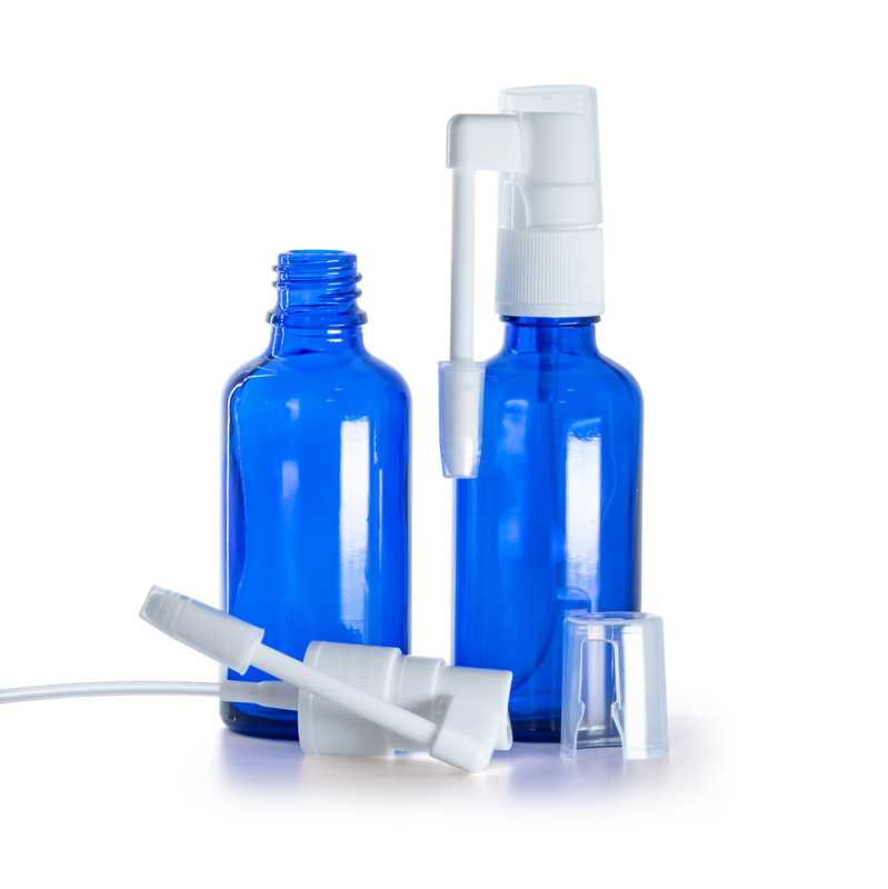 Botella de vidrio, azul, pulverizador oral, 50 ml