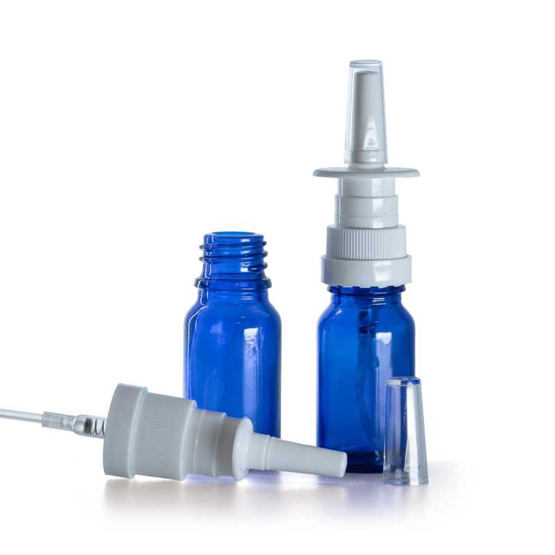 Botella de vidrio, azul, pulverizador nasal, 10 ml