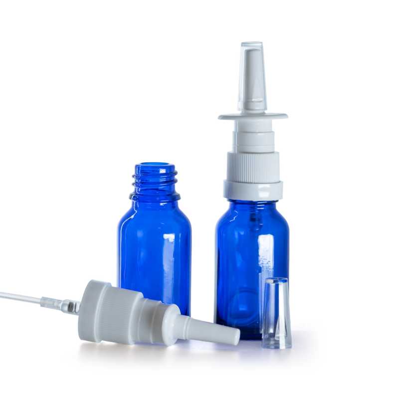 Botella de vidrio, azul, pulverizador nasal, 15 ml