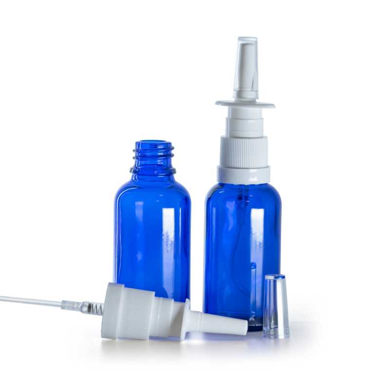 Botella de vidrio, azul, pulverizador nasal, 30 ml