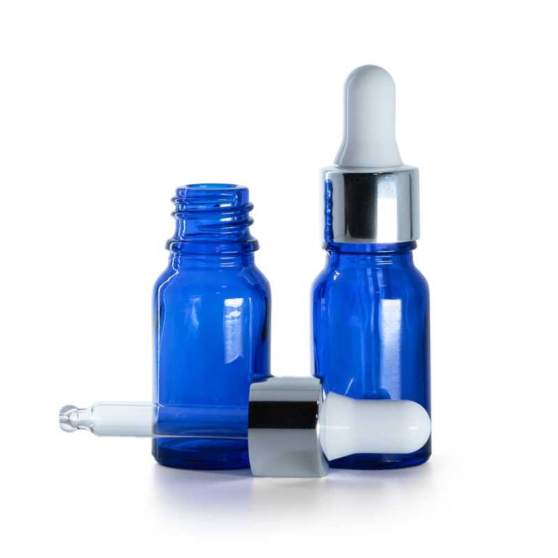 Frasco de vidrio, azul, gotero plateado brillante, 10 ml