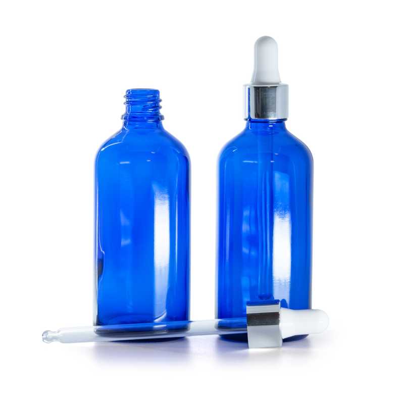 Frasco de vidrio, azul, cuentagotas blanco plata brillante, 100 ml
