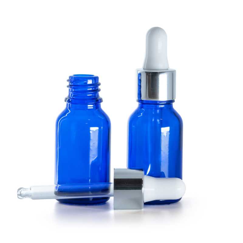 Frasco de vidrio, azul, cuenta-gotas plateado brillante, 15 ml