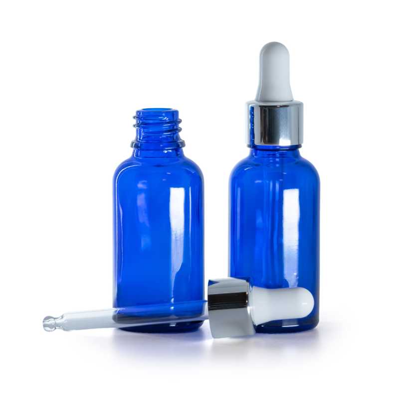 Frasco de vidrio, azul, cuentagotas plateado brillante, 30 ml