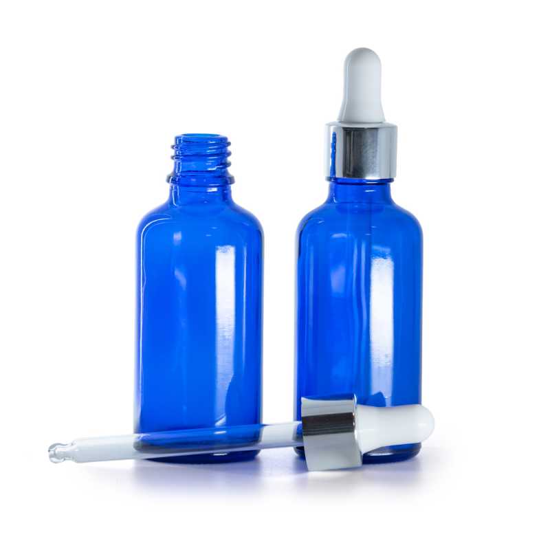 Botella de vidrio, azul, cuentagotas plateado brillante, 50 ml