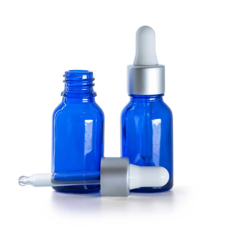 Frasco de vidrio, azul, gotero plateado mate, 15 ml