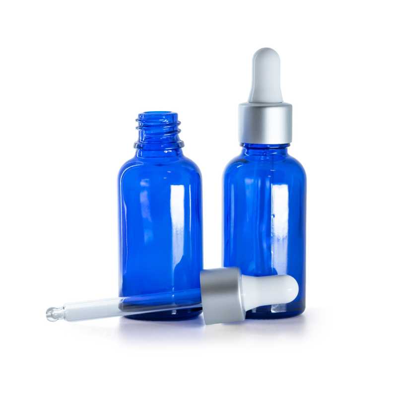 Botella de vidrio, azul, cuentagotas plateado mate, 30 ml