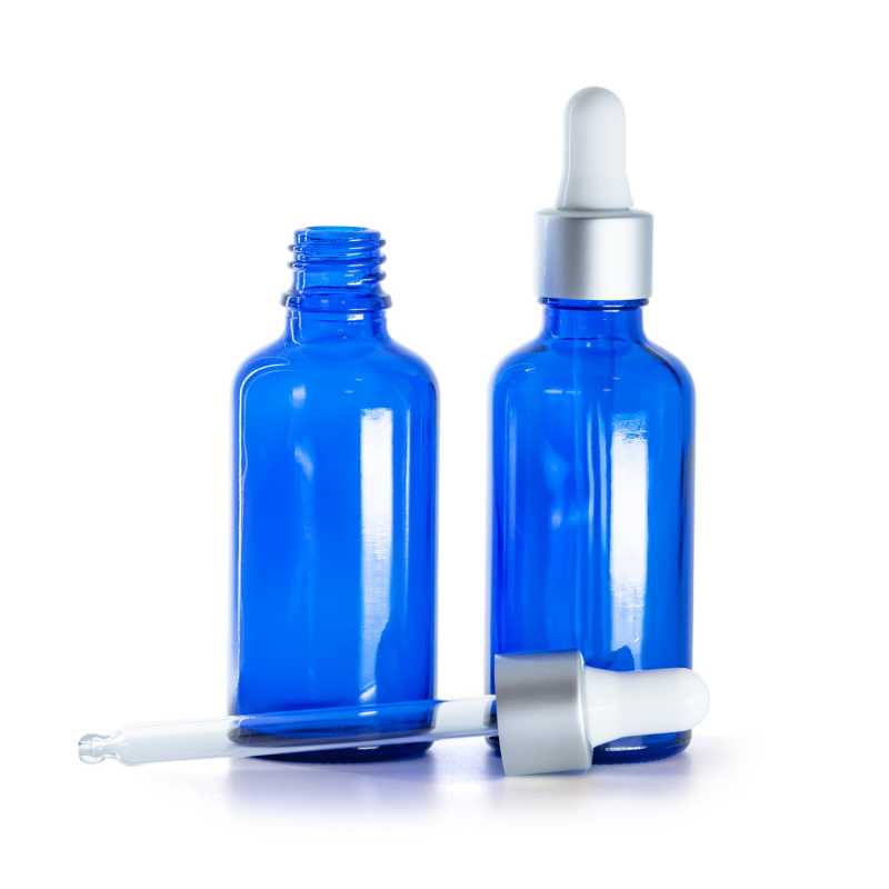 Botella de vidrio, azul, cuentagotas mate plateado, 50 ml