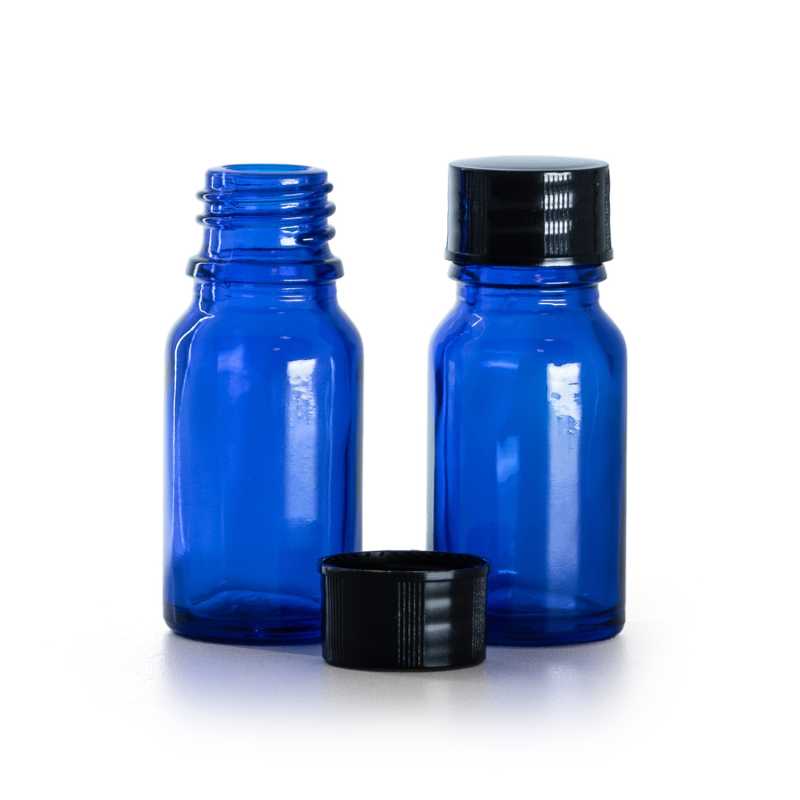 Botella de vidrio, azul, tapón negro, 10 ml