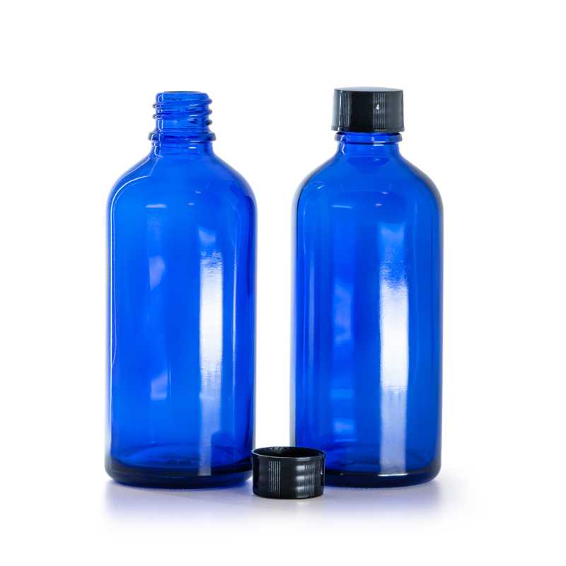Frasco de vidrio, azul, tapón negro, 100 ml
