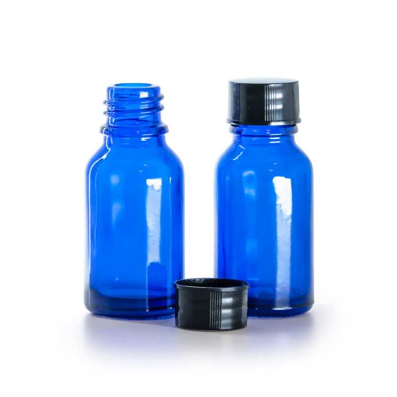 Botella de vidrio, azul, tapón negro, 15 ml