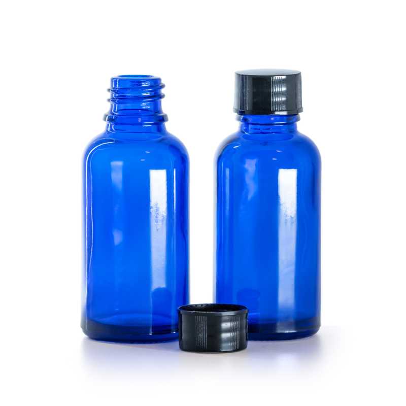 Frasco de vidrio, azul, tapón negro, 30 ml