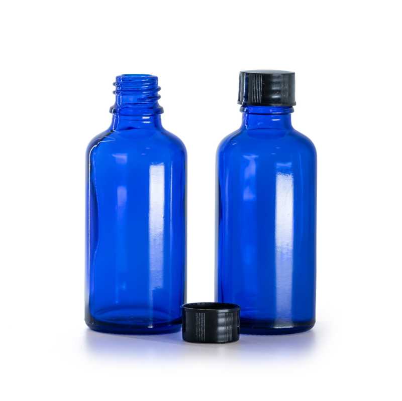 Botella de vidrio, azul, tapón negro, 50 ml