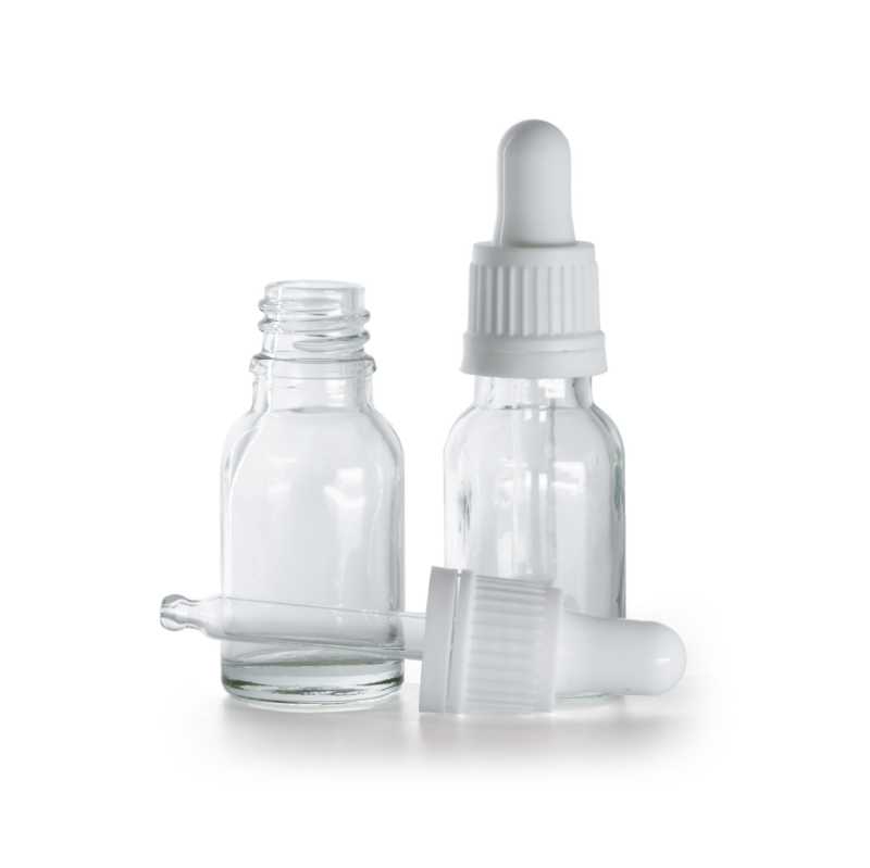 Botella de vidrio, transparente, cuentagotas blanco, 15 ml
