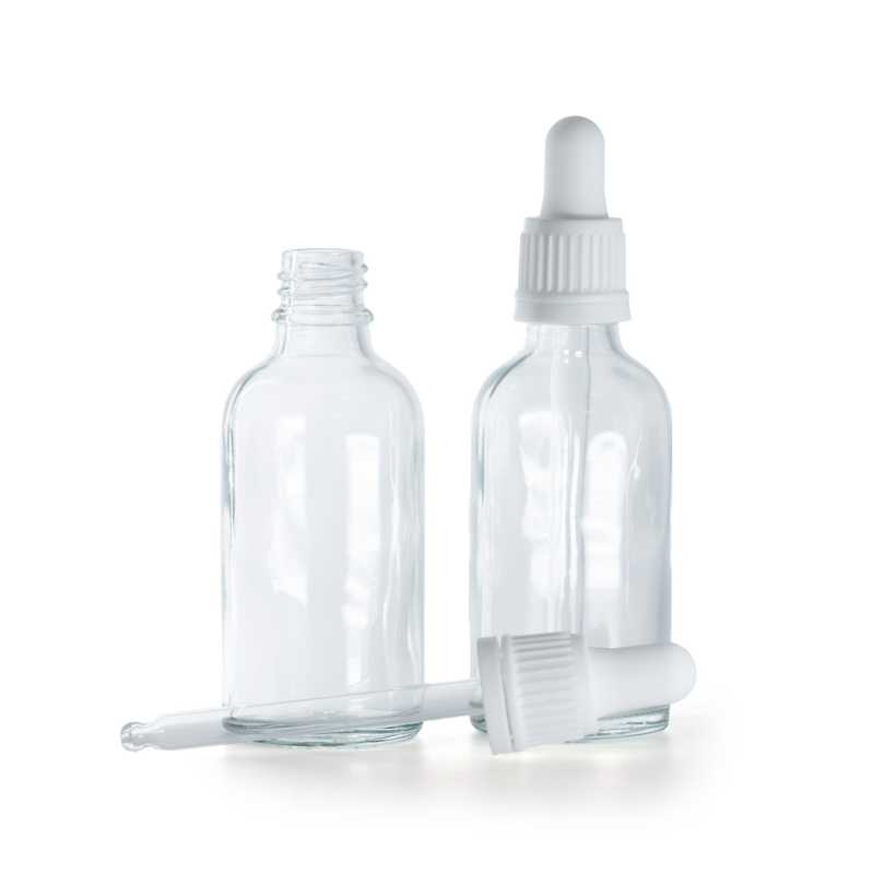 Botella de vidrio, transparente, cuentagotas blanco, 30 ml