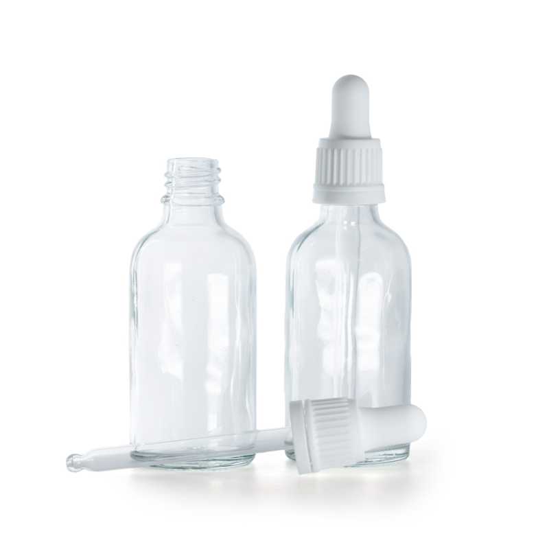 Frasco de vidrio, transparente, cuentagotas blanco, 50 ml