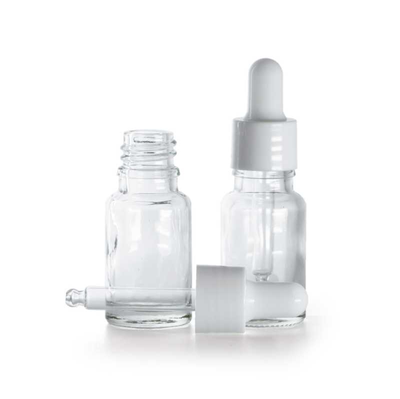Frasco de vidrio, transparente, cuentagotas blanco brillante, 10 ml