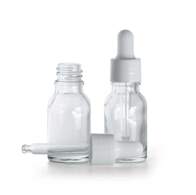 Botella de vidrio, transparente, cuentagotas blanco brillante, 15 ml