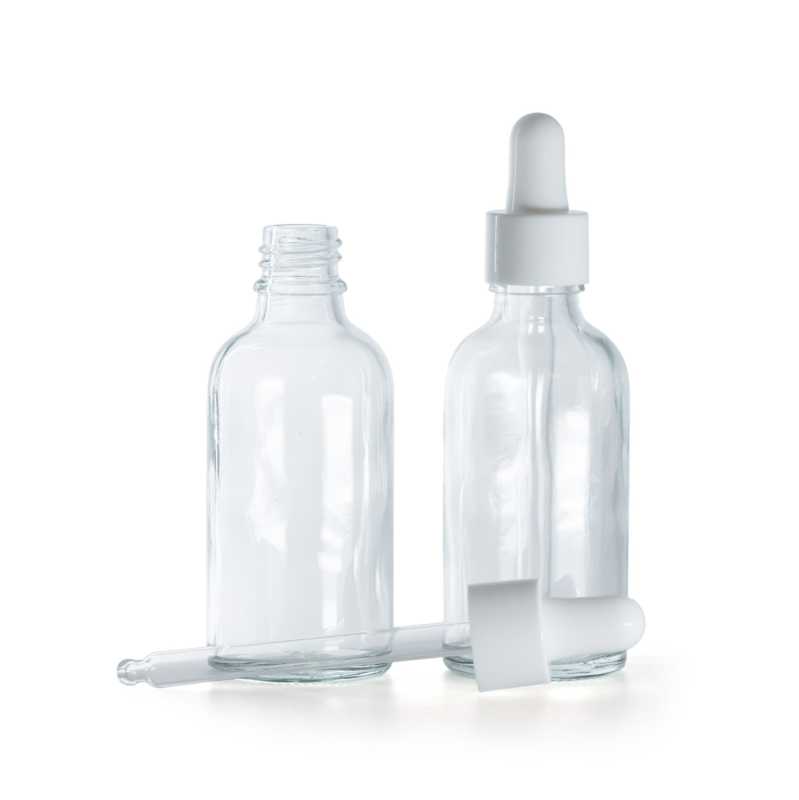 Botella de vidrio, transparente, cuentagotas blanco brillante, 30 ml