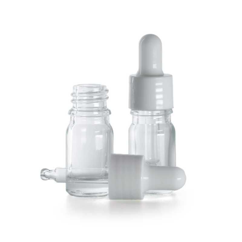 Botella de vidrio, transparente, cuentagotas blanco brillante, 5 ml