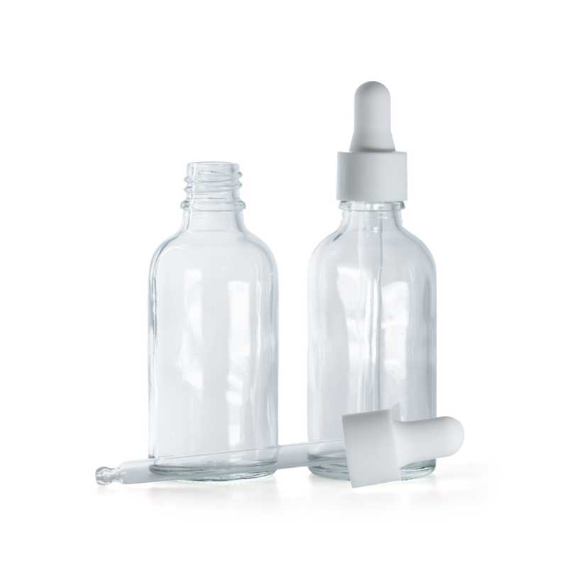 Botella de vidrio, transparente, cuentagotas liso blanco mate, 30 ml